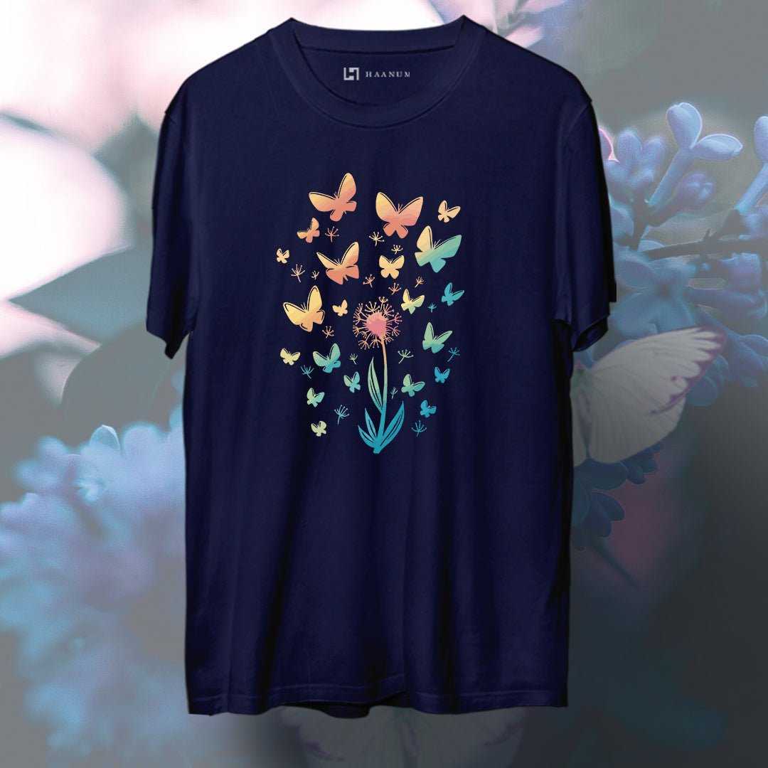 Flower & Butterflies Round Neck Half Sleeve Unisex T-Shirt - Haanum