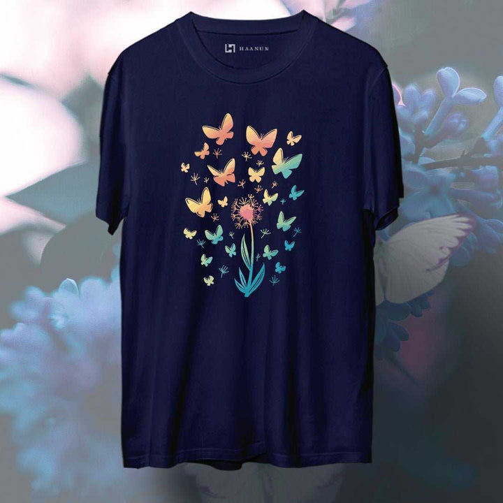 Flower & Butterflies Round Neck Half Sleeve Unisex T-Shirt - Haanum
