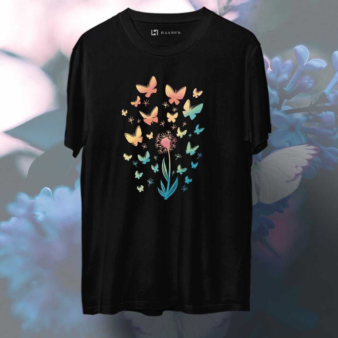 Flower & Butterflies Round Neck Half Sleeve Unisex T-Shirt - Haanum
