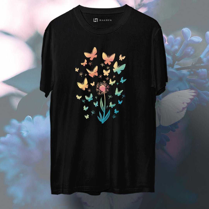 Flower & Butterflies Round Neck Half Sleeve Unisex T-Shirt - Haanum